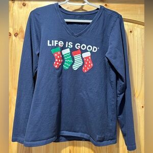 Life Is Good Navy Christmas Stocking Long Sleeve Tee